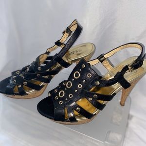 Black with Gold Michael Kors Cork Heels Size 7.5